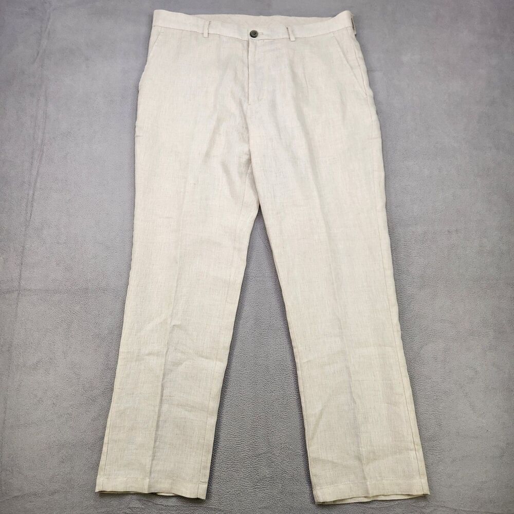 Tasso Elba 100% Linen Pants Mens Size 34x30 Beige Tan Straight Flat Casual Beach